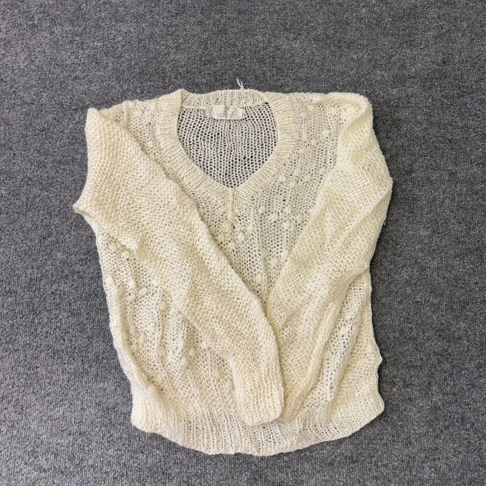 Exclusive Imports Sweater Womens Size L Cream Open Knit V-Neck Popcorn Pom-Pom